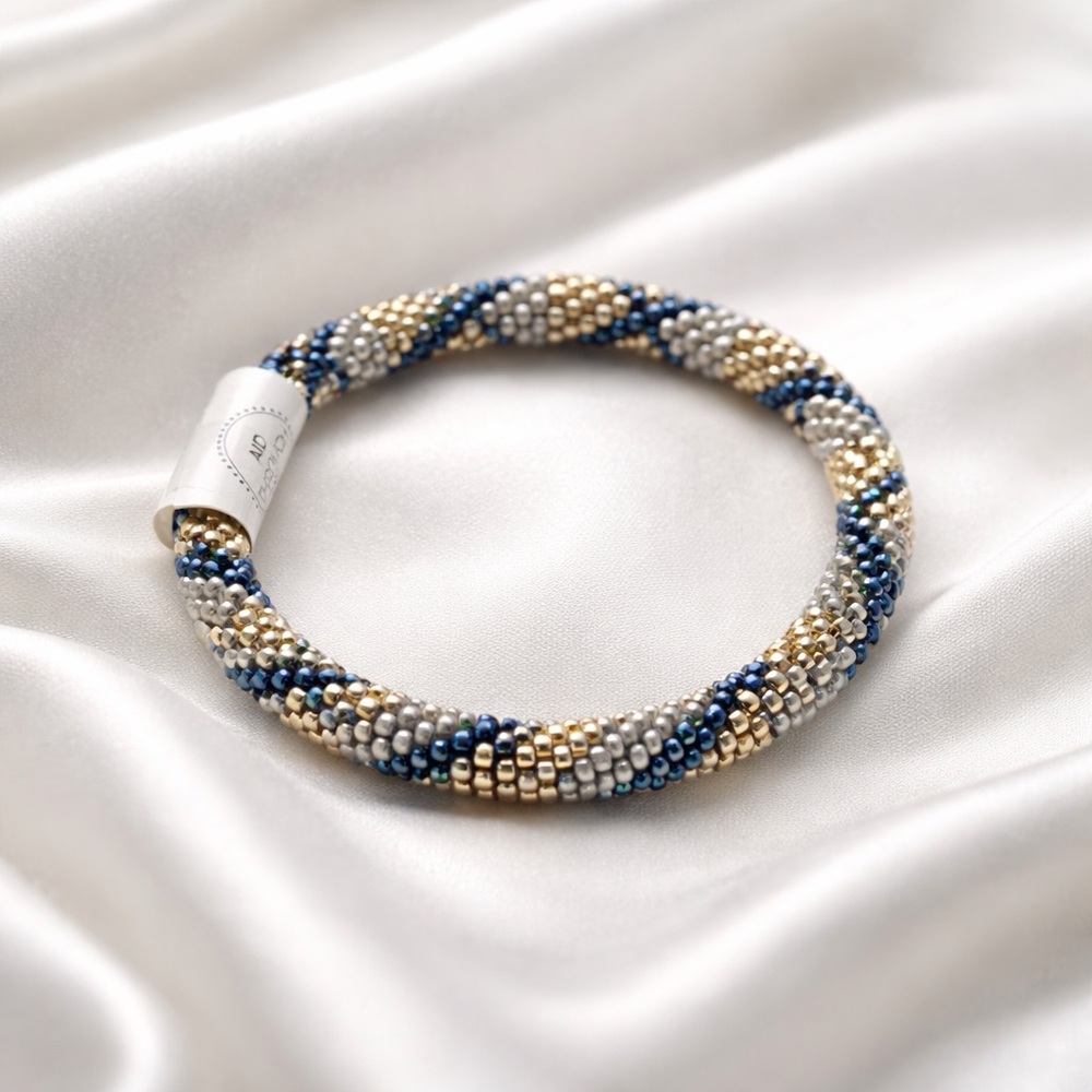 Handmade Blue, Gold & Silver Seed Bead Bracelet